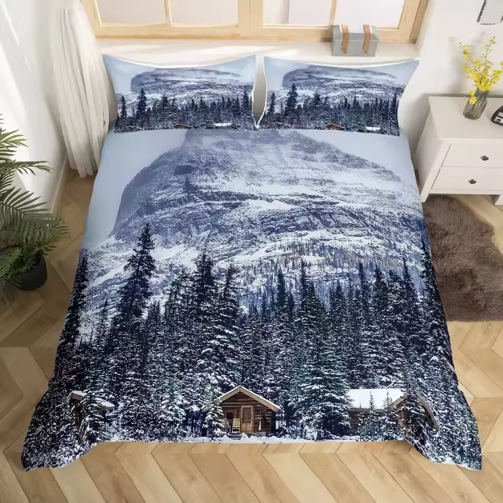 Juego de funda nórdica de montaña nevada, juego de cama Iceberg Sunrise Sunset, funda de edredón de microfibra con paisaje Natural de invierno, tamaño individual King - 1