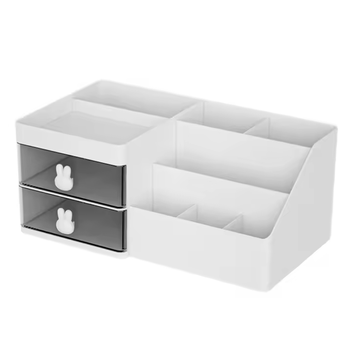 Caja de almacenamiento de papelería de escritorio con 10 compartimentos, 2 cajones, bonito conejito, organizador de cajones para cosméticos, decorativo de gran capacidad - 1