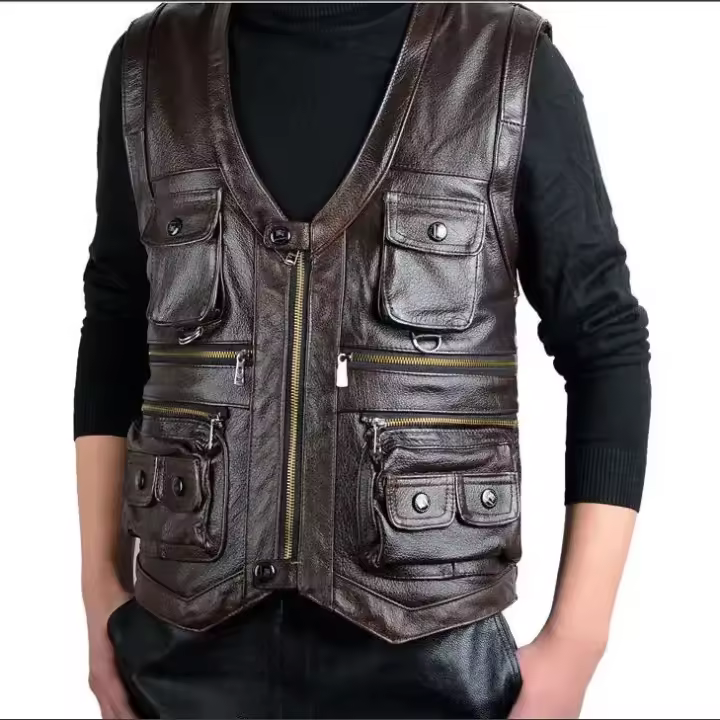 Chaleco de cuero a prueba de viento para hombre en otoño e invierno, chaleco hip-hop con cuello en V, color sólido punk sin mangas para hombre - 1