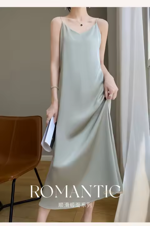Elegante Vestido de Seda Satinada de Estilo Francés Vestido Largo 2025 con Cuello en V y Fondo de Rodilla - 1