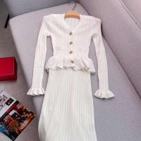 YuooMuoo marca de moda de una sola pieza de punto Maxi mujeres elegante con cuello en V con volantes cintura delgada ceñido al cuerpo Vestido de fiesta - details 5