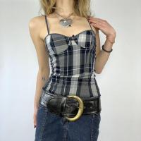BUNO-Candyhot Plaid Patchwork ajustado Casual Spaghetti Strap Top Vintage Y2K sin mangas espalda descubierta camiseta sin mangas 2024 otoño ropa de calle Camis - details 5