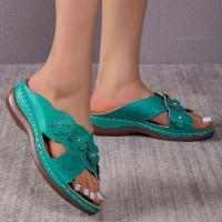Women Floral Decor Cross Strap Slides Shoes Open Toe Low Wedge Sandals Hollow Out Solid Color Slippers - details 3