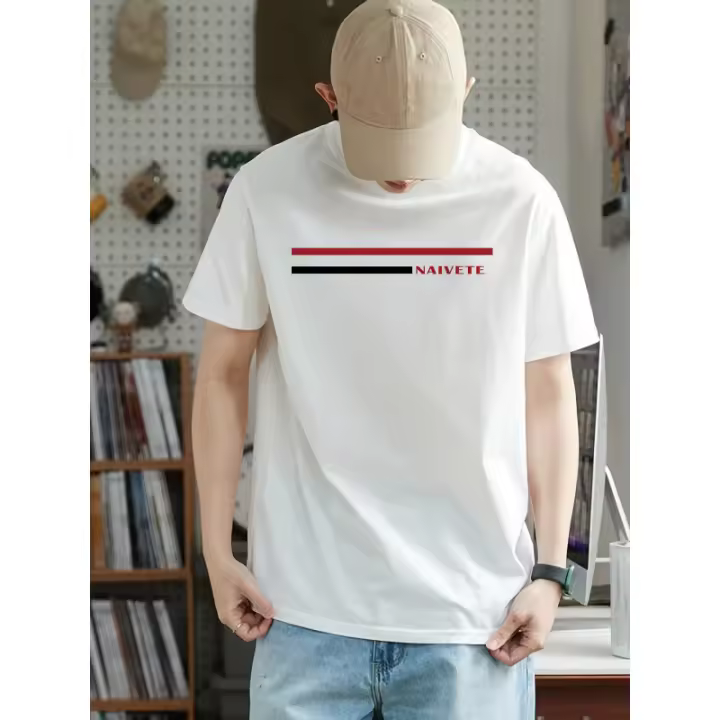 Camiseta de Algodón Puro con Estampado a Rayas Cuello Redondo y Manga Corta - 1