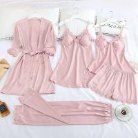 Conjunto de pijama de 5 piezas para mujer, ropa de dormir de satén Ence, suéter con cuello en V, albornoz de primavera - details 3