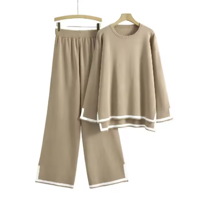 Traje tejido para mujer 2 Conjunto de ropa de mujer de Color sólido de manga larga，Traje de cuello redondo y pantalones sueltos - 1