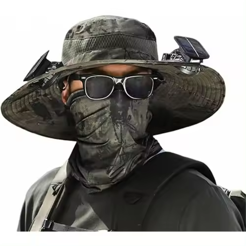 Sombrero de pesca al aire libre con ventilador solar de ala ancha, con carga solar y USB para hombres, color verde militar, ajustable - 1