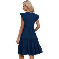 Vestido midi con cuello en V, manga de volantes de loto, empalme y bolsillo tipo péndulo para mujer 2025 - details 3