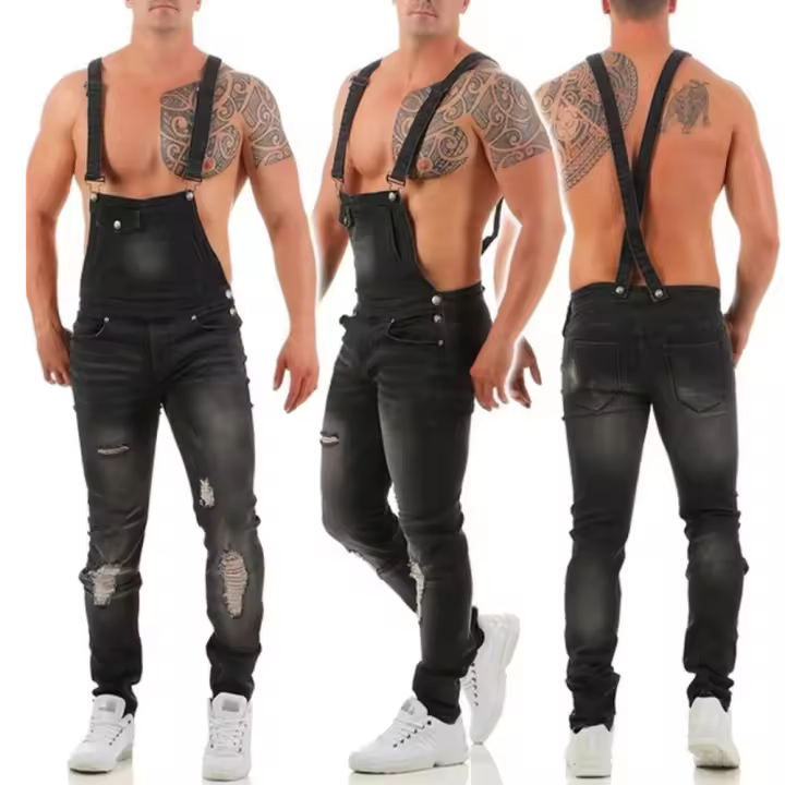 Monos de mezclilla con pechera para hombre, mono ajustado a la moda con bolsillos - 1