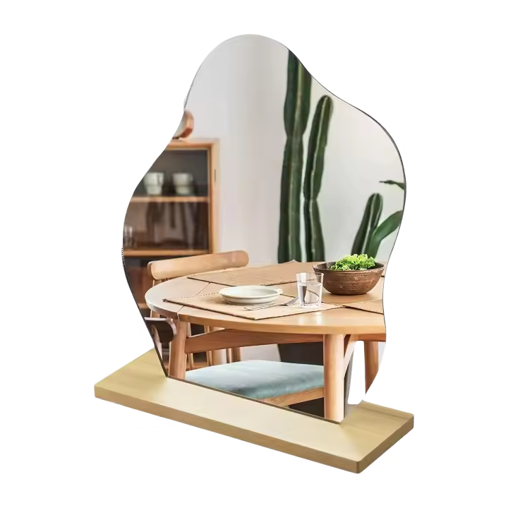 Espejo de tocador estético irregular, espejo de mesa decorativo acrílico sin marco con madera - 1