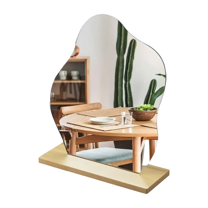 Espejo de baño irregular estético, espejo de mesa decorativo acrílico sin marco con madera - 1