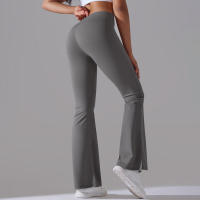 Leggings de yoga de color sólido para mujer, pantalones acampanados de cintura alta, elásticos, entrenamiento, pierna ancha - details 2