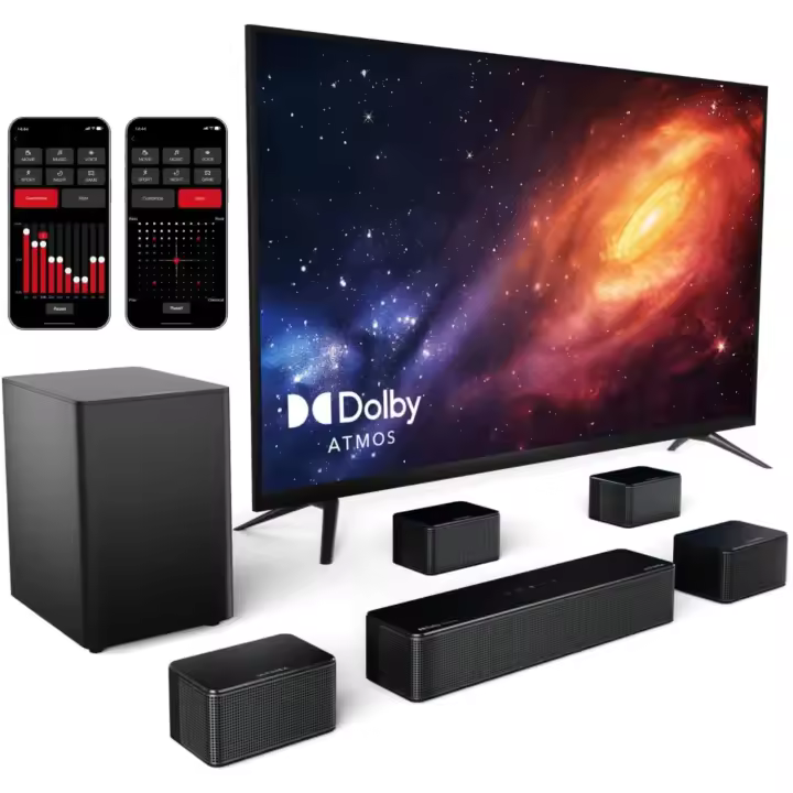 Barra de Sonido 7.1ch con Dolby Atmos, Sonido Envolvente 3D, Control por App, Barra de Sonido TV con Subwoofer Inalámbrico y 4 Altavoces con Cable, 460W, Bluetooth 5.3, 6 Modos EQ, Poseidon D80 - 1
