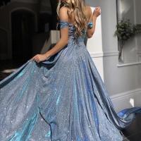 Vestido de noche con hombros descubiertos para mujer, lentejuelas brillantes, cintura alta, dobladillo dividido, línea A, Swing grande, largo hasta el suelo, satén, graduación, boda, fiesta - details 4