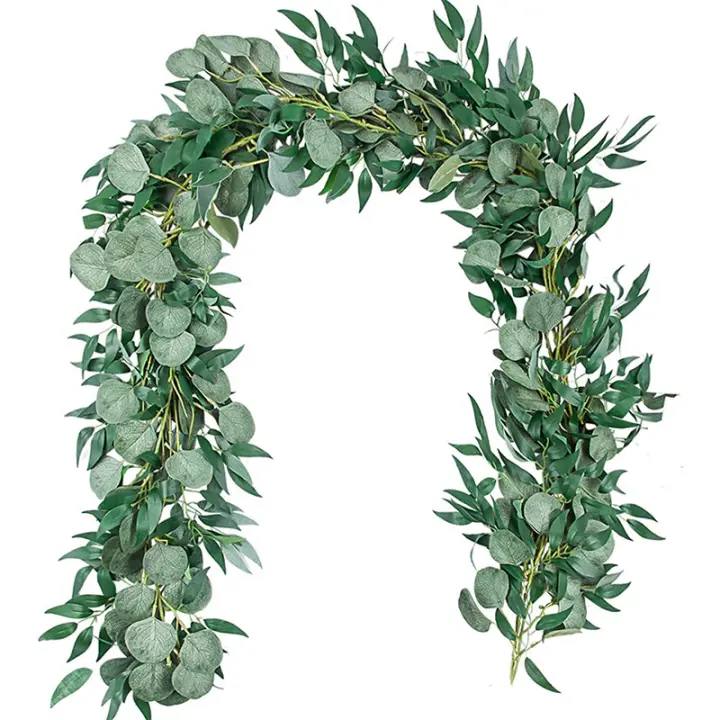 Plantas artificiales falsas de eucalipto y Ratán, enredadera verde, hoja de sauce, hiedra de seda, guirnalda colgante de pared para decoración de fiesta, boda y hogar, 180cm - 1