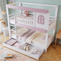 Litera, Cuna Con ventanas, con protector abatible, Estante abierto, Cueceras rosas, Dos cajones con ruedas, Mucho espacio de almacenamiento, Pino+MDF, Blanco+Rosa, 90x200cm - details 2