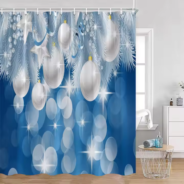 Cortina de ducha Navidad bola plateada roja bolas de Navidad copo de nieve hojas de pino Feliz Navidad invierno poliéster decoración de cortina de baño - 1