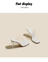 Transparente tacones altos verano cuero nueva celebridad de Internet versátil zapatillas exteriores con falda cristal grueso tacón sandalias mujeres - details 19