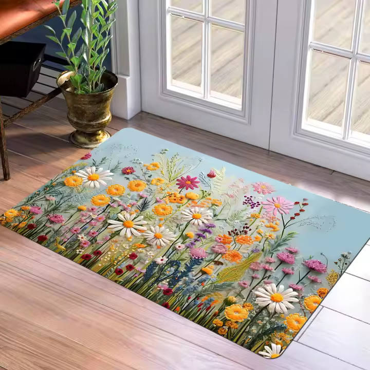 1 pieza de alfombra de suelo con parte inferior de esponja de franela de felpa, alfombra con estampado de elementos florales coloridos, alfombra para suelo de balcón y pasillo, franela - 1