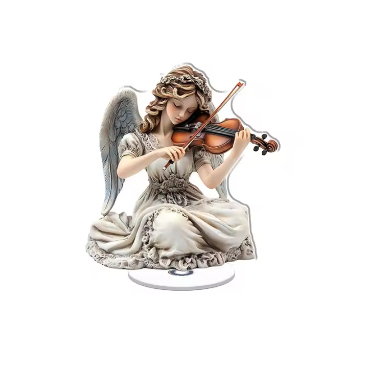 Adorno acrílico giratorio con un elegante ángel tocando el violín con colores vibrantes, detalles intrincados e isolados sobre un fondo blanco puro. - 1