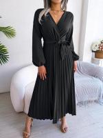 Vestido largo plisado con dobladillo grande para mujer, vestido cruzado de Color liso con cuello en V, moda de primavera y verano - details 8