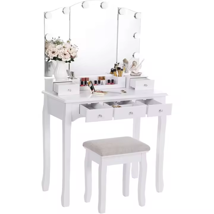 Tocador con Espejo Plegable Blanco y 10 Bombillas LED Mesa con 5 cajones 2 separadores para Manualidades Taburete Acolchado Organizador móvil BDT05W - 1
