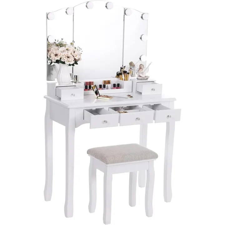 Tocador con Espejo Plegable Blanco y 10 Bombillas LED Mesa con 5 cajones 2 separadores para Manualidades Taburete Acolchado Organizador móvil BDT05W - 1