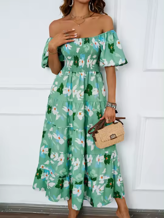 Vestido de manga de burbuja con falda mullida estampada con cuello de una línea de estilo nuevo de verano para mujer - 1