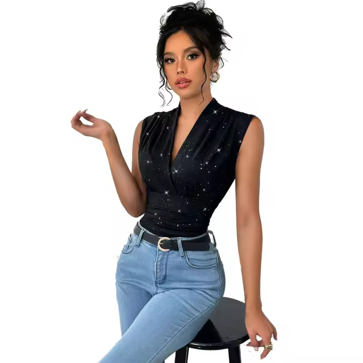 Nuevo Top Sin Mangas Brillante con Escote en V para Mujer, Top Sin Mangas Adornado con Lentejuelas - 1