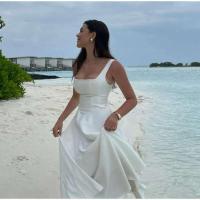 Vestido largo elegante liso con cuello cuadrado, vestidos de cintura alta con dobladillo A-e y espalda descubierta a la moda, novedad de primavera 2025, batas informales para vacaciones - details 0