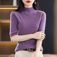 Suéter de mujer, jerséis de punto para primavera y verano, camisas ajustadas con cuello alto, jerséis de punto suaves de manga corta - details 6