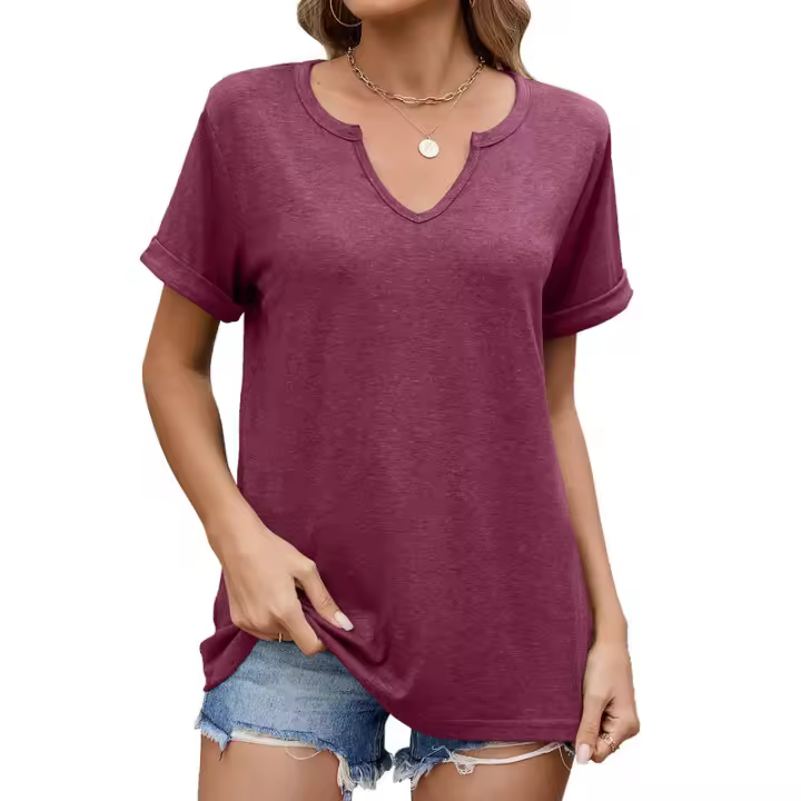BUNO-2025 Nueva camiseta holgada de manga corta con cuello en V de Color sólido para mujer - 1