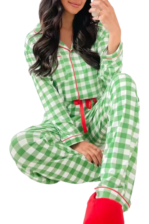 Elrachen Conjunto de pijama navideño con estampado de cuadros para mujer, verde claro, tallas S-XL - 1