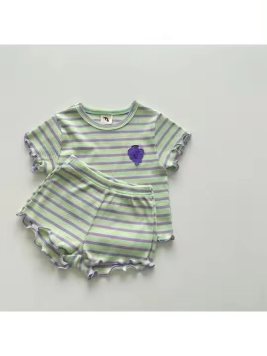 Conjunto de Ropa de Manga Corta a Rayas para Bebé Tops con Borde de Oreja para Niña + Traje Corto de 2 Piezas Patrón de Uva Novedad de Verano 2024 - 1