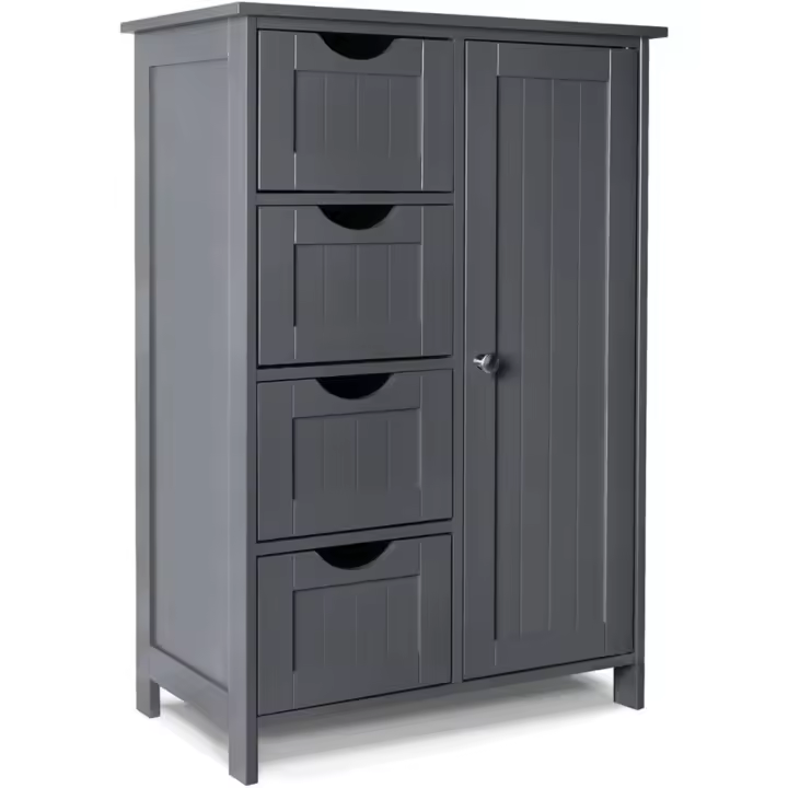 VOUNOT. ®   Mueble Baño Armario de Suelo Auxiliar, Cajonera con 4 Cajones Armario con Puerta y Estante Ajustable, Organizador Estante de Almacenamiento para Cocina Salón, 55x30x82cm Gris - 1