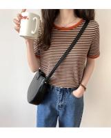 Camiseta de manga corta a rayas para mujer, novedad de verano, versión coreana, Top holgado Retro con ajuste en contraste y cuello redondo, moda informal para mujer - details 5
