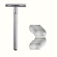 Maquinilla de afeitar de doble filo, afeitadora de barba de seguridad en forma de T con cuchillas de repuesto, afeitadora Manual portátil, adecuada para usos de viaje en casa - details 1
