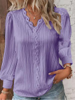 Blusa Elegante De Mujer En Chiffón Negro Con Diseño De Encaje Y Vuelta En El Cuello Simple Manga Flare Tratamiento De Hollow out Para Oficina - details 2