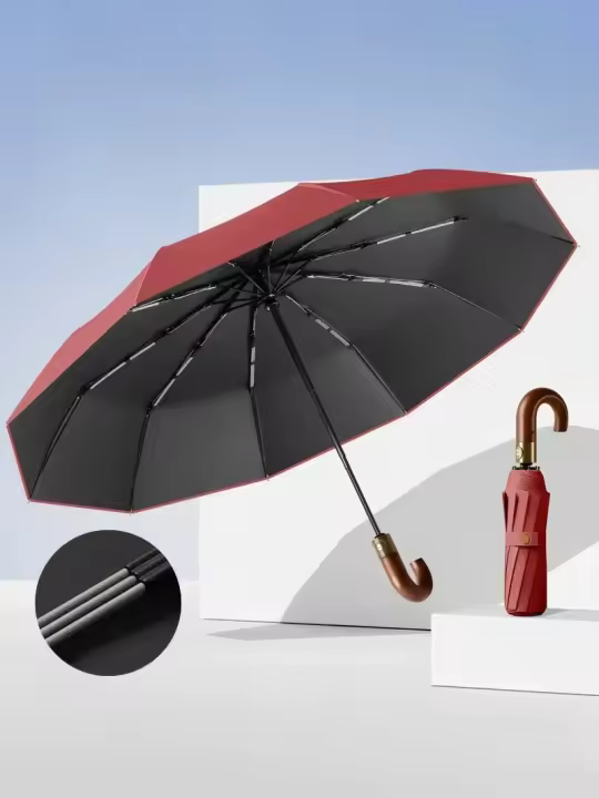 Paraguas Automático Plegable Fuerte Viento 10 Barras, Paraguas de Golf con Mango de Madera - 1