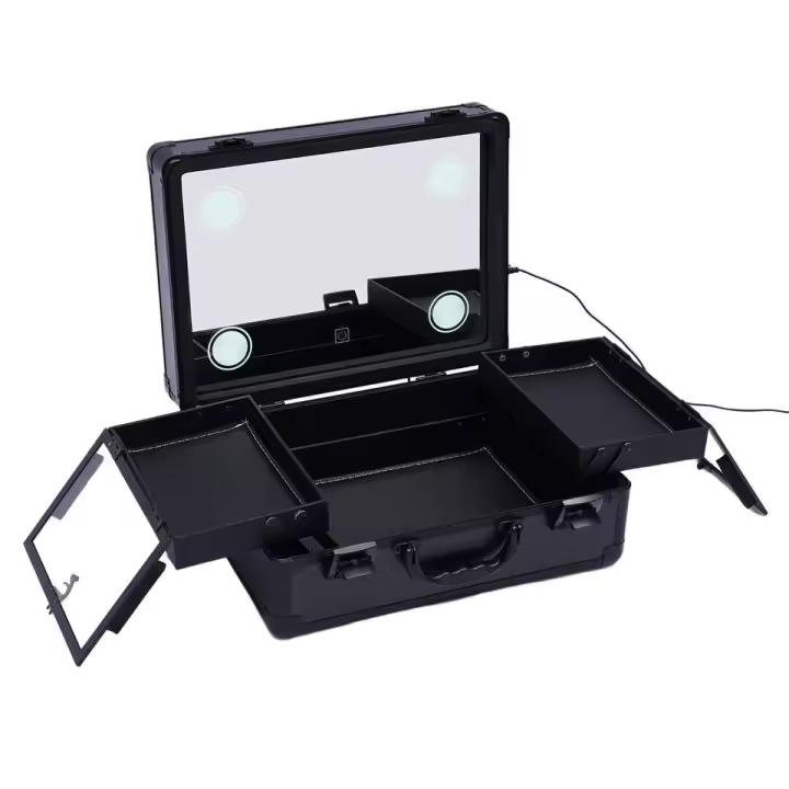 Caja de almacenamiento de cosméticos portátil de mano, ligera, de gran capacidad, 2 compartimentos, color negro - 1