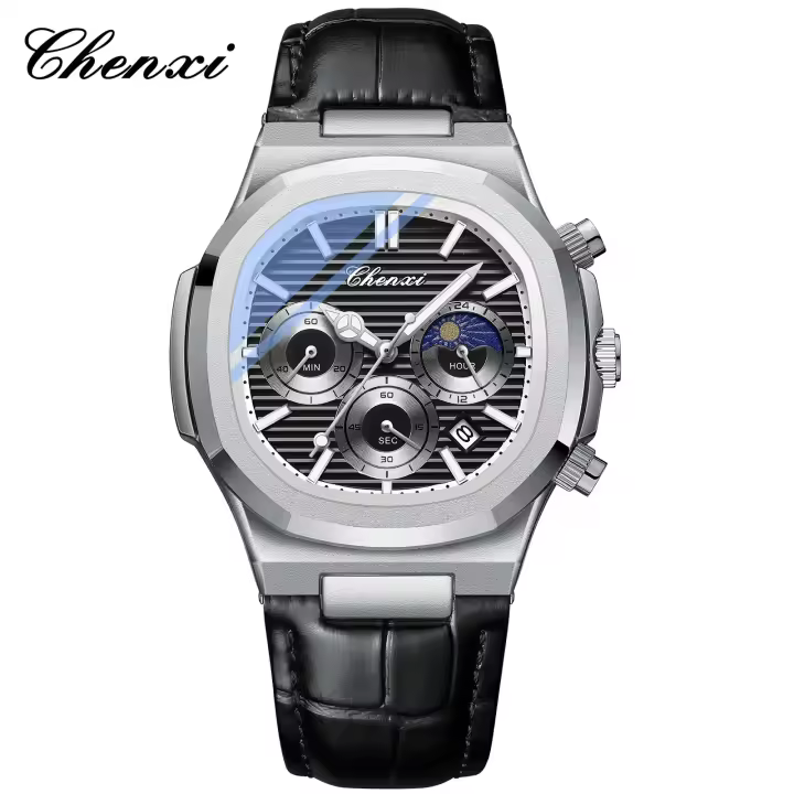 Reloj multifunción verdadero tres ojos seis agujas reloj de cuarzo octogonal para hombre - 1