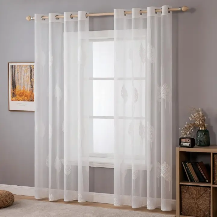 Cortinas de Salón Modernas con Bordado de Hojas 140x300 CM Diseño Translúcido para Dormitorio y Boda con Ojales Cortinas de Ventana Blancas con Motivos de Hojas - 1