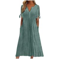 Elegante Vestido de Manga Corta con Cuello Redondo Color Sólido, Moda Casual con Bolsillos y Botones - details 6