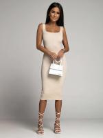Vestido Bodycon de Moda Verano Cuello Cuadrado Kintted de Lino Khaki Vestido Mid de Moda para Mujeres Estilo Casual y Adelgazado - details 5