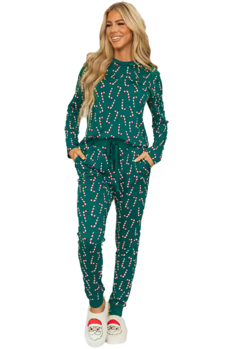 Elrachen Conjunto de salón con estampado de bastón de caramelo navideño para mujer, verde, tallas S-XL - 1