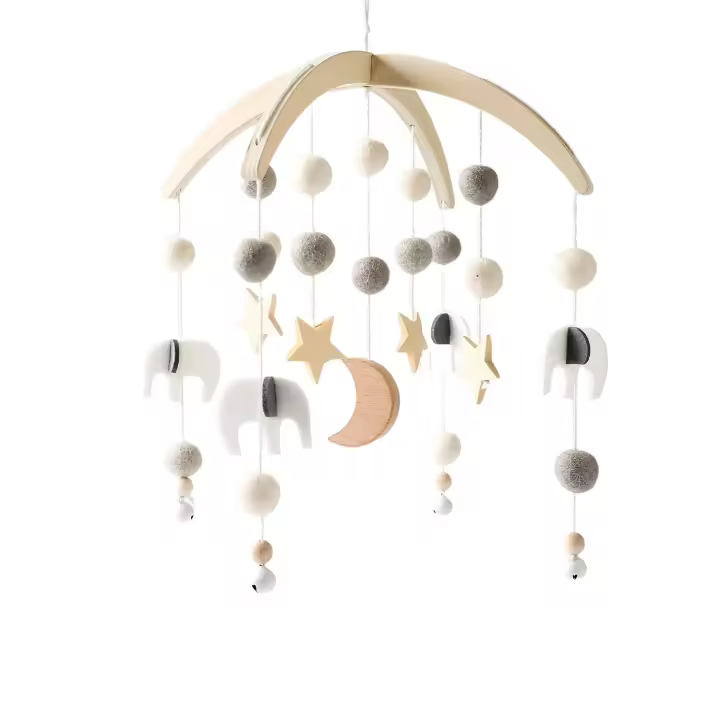 Móvil de Bebé de Madera con Bolas de Vellón Viento de Arte Deco Colgante de Campana de Cuna - 1