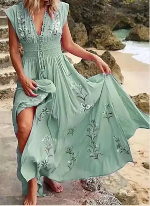 Nuevo vestido largo de verano para mujer con escote en V profundo y estampado bohemio para playa, sin mangas, de cintura alta, para vacaciones - 1