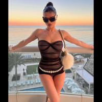 BUNO-body transparente sin tirantes para mujer, Top Sexy de doble cubierta con pliegues sólidos, ropa de club a la moda para playa, 2024 - details 5