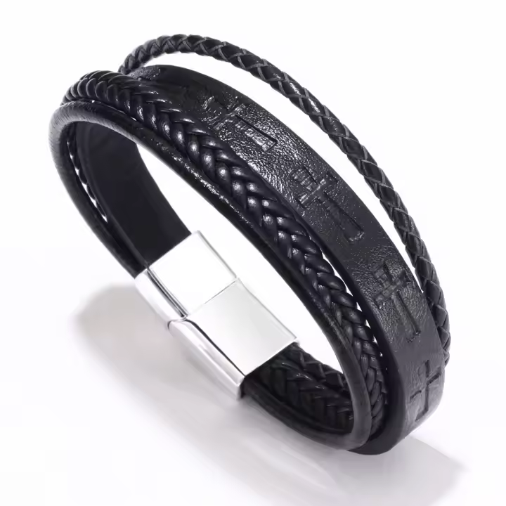 Brazalete de Cuero Tejido a Mano con Cruz Pulsera de Aleación Magnética para Hombre - 1