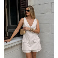 Conjunto de Top y pantalones cortos con cuello en V para mujer, traje de dos piezas para el lugar de trabajo, color caqui, para ir al trabajo - details 11